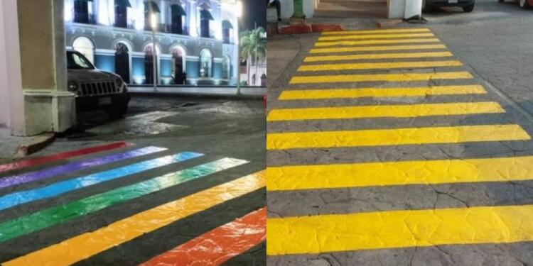 VIDEO: Colectivos pintan ‘arcoíris’ en cruce peatonal en Tabasco y lo borran DOS días después