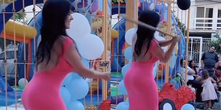 VIDEO: Madrina de piñata se roba las miradas en fiesta infantil