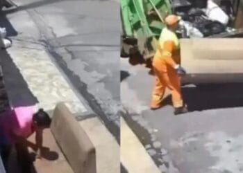 Mujer saca su sillón a secar después de lavarlo y se lo lleva la basura