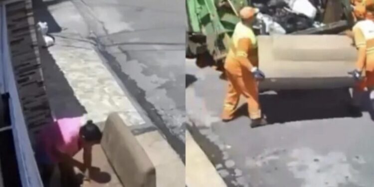 Mujer saca su sillón a secar después de lavarlo y se lo lleva la basura