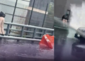 VIDEO: Joven intenta pasar con cuidado para no mojarse y automovilista lo baña en CDMX