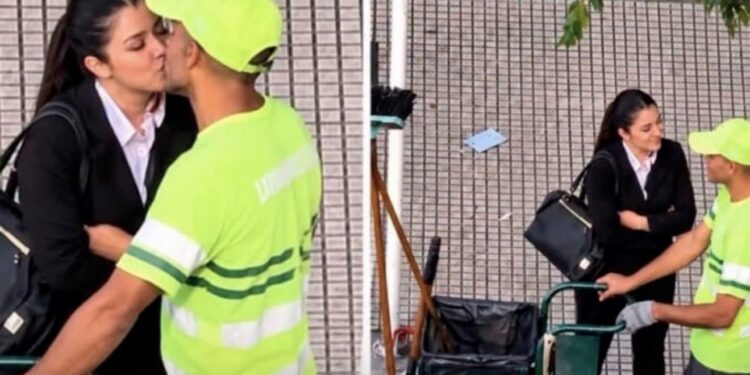 VIDEO: Vio a su esposo trabajando como recolector de basura y no dudó en acercarse a besarlo