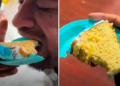 VIDEO: ¡Adiós a los platos desechables! Hombre sorprende al comerse hasta el plato de su pastel